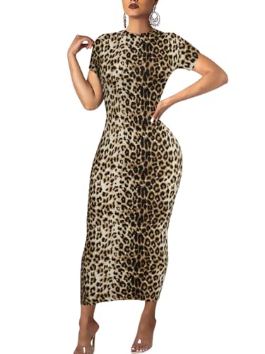 Image of Women's Long Bodycon Dresses Leopard Print Casual Maxi Club Party Tight Dress Short Sleeve