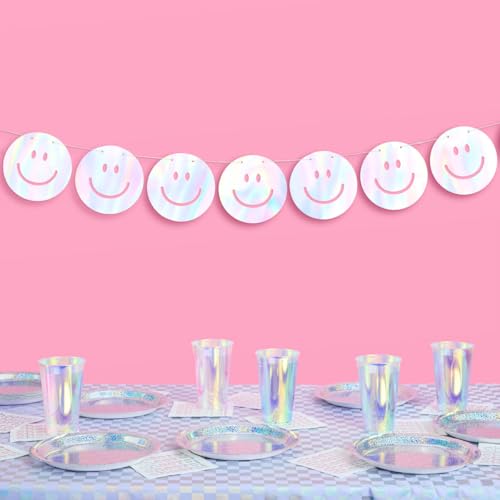 xo, Fetti Smiley Banner - Iridescent, 5 Ft. | Happy Pastel Birthday Party Decorations, Cute Bachelorette Party, Happy Event Decor