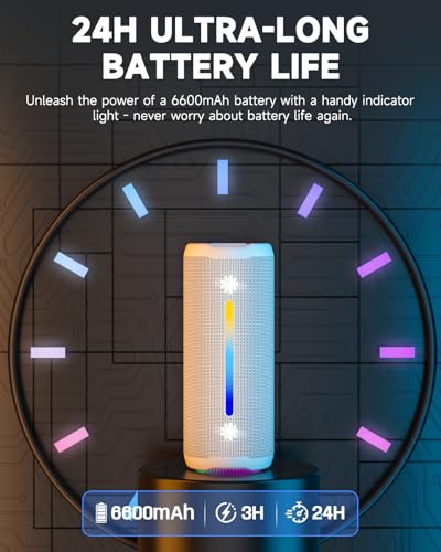 Image of OHAYO Bluetooth Speaker, Portable Wireless, IPX7 Waterproof, Powerful 25W Sound, 24H Playtime, Dual Pairing, Active Bass, Colorful Lights, Bluetooth 5.3, Outdoor Speakers for Home /Party /Beach, White