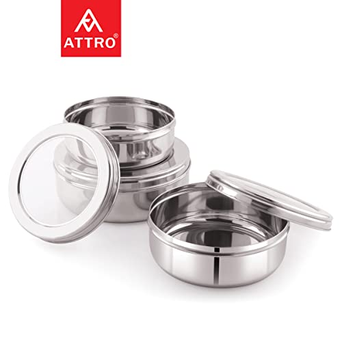 Image of Attro Stainless Steel Puri Dabba with See Through Lid, Flat Canisters, Food Storage Containers, Roti, Paratha, khakhra, Thepla, Big (1100ml), Medium (900 ml), Small (700ml) - Set of 3