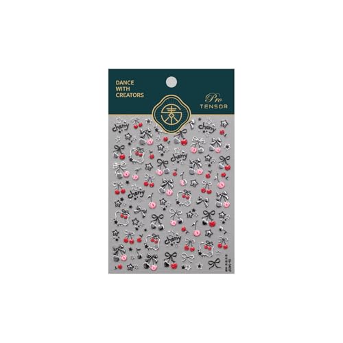 Image of Cherry Bow Nail Stickers Silver Nail Decals 5D Embossed Self Adhesive with Star Design DIY Manicure Cute Charms Supply Decoration for Women 1 Sheets