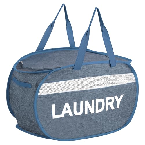 Collapsible Laundry Baskets with Lid, Foldable Clothes Hamper with Reinforced Handles, Sturdy Pop Up Hampers for Laundry, Tear Proof & Easy to Carry Laundry Hamper for Home, Dorm, Travel Blue