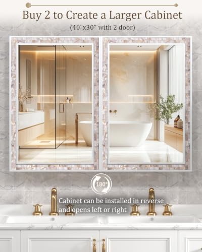 Image of 20x30 Inch White Surface Mount or Recessed Medicine Cabinet with Mirror for Bathroom, Hand-Inlaid Glittering Shell Vanity Mirror with Storage for Bedroom, Entryway, 3 Removable Shelves and Organizer