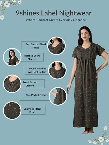Image of 9shines Label Stylish Cotton Blend Embroidered Maxi Nightdress for Women with Pocket| Full Length Nightwear| Premium Nightdress| Comfortable Nightwear(5256)