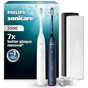Philips Sonicare 5500 Electric Toothbrush, Sonic Toothbrush with 2 Modes, Pressure Alert, EasyStart, SmarTimer and BrushPacer, White and Navy, 2 Pack, Model HX7119/01 [New Technology]