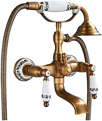 Zestaw baterii wannowo-prysznicowej w stylu retro z mosiądzu z dwoma pokrętłami, montowany na ścianie, z baterią ręczną i obrotową wylewką wannową, antyczny mosiądz A, zł