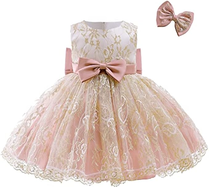0-6T Baby Flower Girl Dresses Big Bowknot Tutu Gown Embroidered Lace Wedding Birthday Party Dress with Headwear