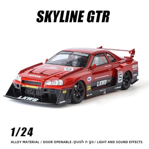 Image of PLUSPOINT Diecast Metal Skyline LB-ER34 Super Silhouette RHD Liberty Walk-Edition Sports Car 1:24 Scale Simulation Model Alloy Toy car with Openable Doors & Light, Music Toy Vehicle for Kids, Adults