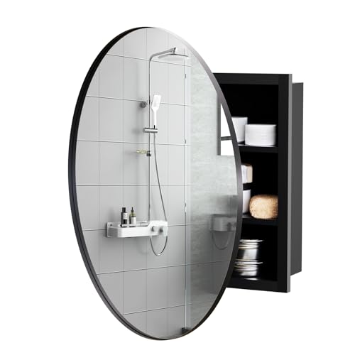 Armoire Miroir de salle de bain avec cadre métallique pour fixation murale,miroir rectangulaire arrondi, armoire de toilette avec 3 compartiments de...