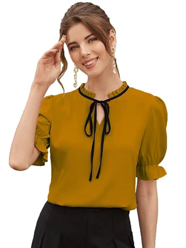 Image of Stylistico Soft Polyester Formal Stylish tie-up Office Solid Western Summer Short v-Neck Casual Plain Puff Half Sleeves Tops for Women Latest