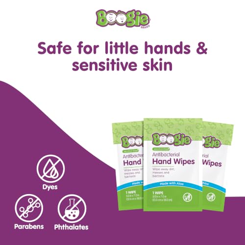 Image of Boogie Antibacterial Hand Wipes - 90 Count - Hypoallergenic & Alcohol-Free - Individually Wrapped - Travel and Diaper Bag Essential