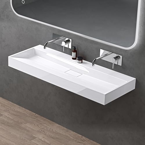 doporro Lavabo Suspendu avec Bonde Vasque à Poser Blanc 120x46x11cm Lave Mains Rectangulaire sans Perçage de Robinet Colossum19