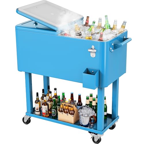Image of YITAHOME 80 Quart Rolling Cooler Cart with Bottle Opener Drainage, Portable Wicker Patio Cooler Rolling on Wheels, Outdoor Beverage Cart Rolling Drink Cooler for Patio Pool Deck Party Cookouts