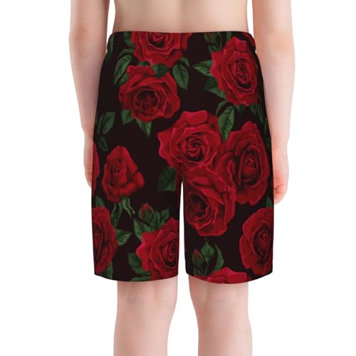 Red Rose Flower Black Teen Boy's Summer Beach Shorts Quick Dry Swim Trunks Running Sports Shorts2