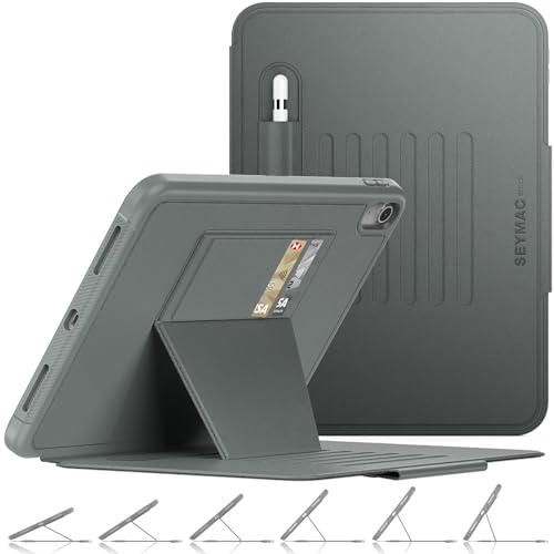 SEYMAC stock iPad(A16) 第11世代11インチ/第10世代10.9インチ耐衝撃ケース 多角度横置き調節 オートスリープ ペン収納 カード収納 強磁力全面保護カバー（グレー）