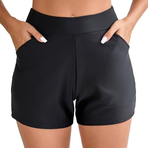 Halcurt Women's 3 Inch High Waisted Swim Short with Liner Pokcet Boardshorts Swimsuit Bottoms