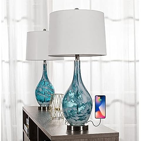 Maxax Coastal Glass Table Lamps Set of 2 Blue Bedside Lamp with USB Charging, Modern Bedside Desk Lamp with White Shade for Living Room Bedroom Coffee Nightstand (ETL Certified) Cover