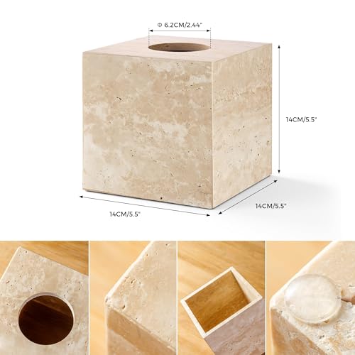 Natürlicher Travertin Taschentuchbox-Abdeckungshalter,Square Cube Tissue Box Holder mit offenem Boden, Facial Tissue Holder für Badezimmer Vanity Tops, Schlafzimmer Kommoden, Küchenarbeitsplatte,Beige