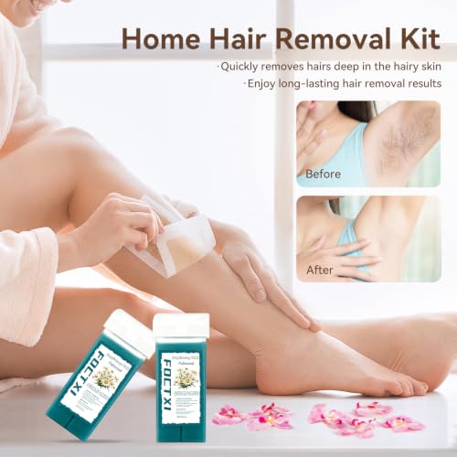 Image of Roll On Wax kit, Wax Roller Kit for Hair Removal with 2 Chamomile Soft Wax Cartridge, 100 Non-Woven Wax Strips & 10 Wipes, Sensitive Skin Roll on Waxing Kit for Women