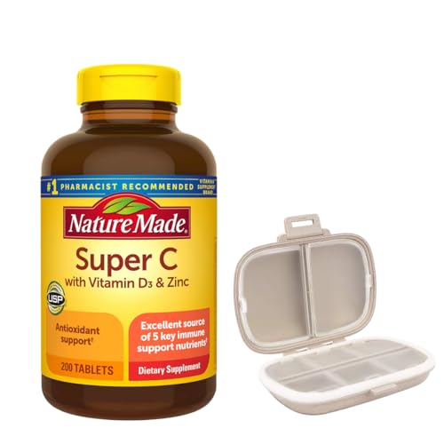 Nature Made Super C with Vitamin D3 and Zinc 200 Tablets Bundle with a Pill Oragnizer (2 Items)