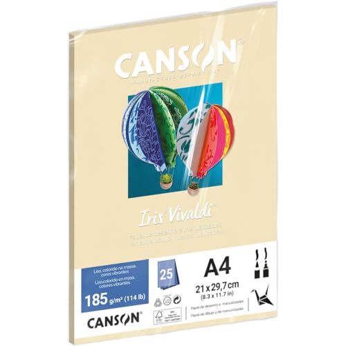 CANSON Iris Vivaldi, Papel Colorido A4 em Pacote de 25 Folhas Soltas, Gramatura 185 g/m², Cor Creme
