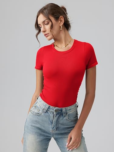 Image of OQQ Women's Crew Neck Short Sleeve Bodysuit Ruched Stretch Vacation Basic for Tops Spring & Summer