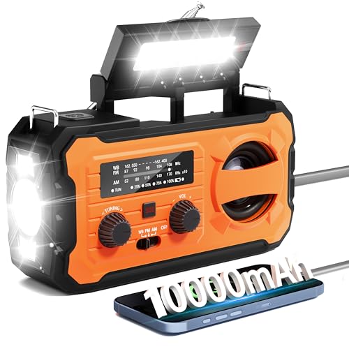 Hand Crank Emergency Radio, 10000mAh Weather Radio with AM/FM/NOAA, Solar Prower, SOS Alarm, Phone Charging, LED Flashlight, Portable Survival Gear for Outdoor & Home Emergencies Kits, Orange