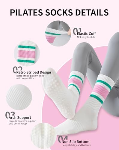 Yawlsow 3 Pairs Pilates Grip Socks for Women Yoga Grippy Striped Retro Crew Socks Non Slip Sticky Barre Sock with Grippers2