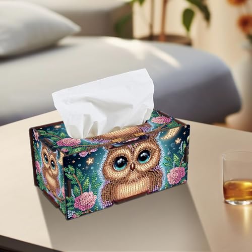 Image of DIY Diamond Painting Tissue Box, Owl Design Diamond Art Wooden Napkin Holder, Decorative Rhinestone Craft Kit for Adults, Desktop Crystal Rhinestones Art Box for Home Decor & Organizer