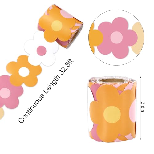 Image of Whaline 32.8 ft Groovy Boho Hippie Flower Bulletin Board Borders Pink Orange Floral Die-Cut Rolled Border Trim for Back to School Classroom Office Chalkboard Decoration