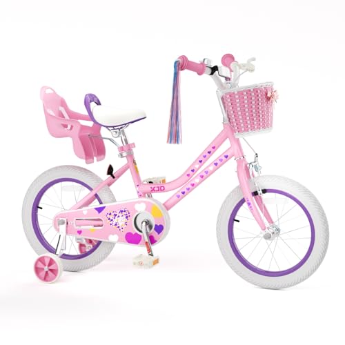 Image of XJD Girls Bike for Toddlers 3-9 Years Old Kids, 12 14 16 Inch Kids Bike with Training Wheels, Streamers, Basket and Doll Seat