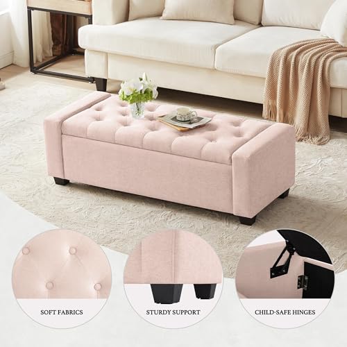 Image of Huatean Home 48 inch Ottoman with Storage, Pink Storage Ottoman Bench with Safety Hinge, Upholstered Entryway Bench with Seating for Bedroom, Living Room, Holds up to 330 lb