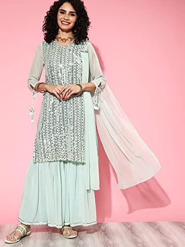 Image of INDO ERA Women's Poly Georgette Striped Embroidered A-line Kurta Sharara With Dupatta Set (22YYY4801 Blue XS To 2XL-Size)