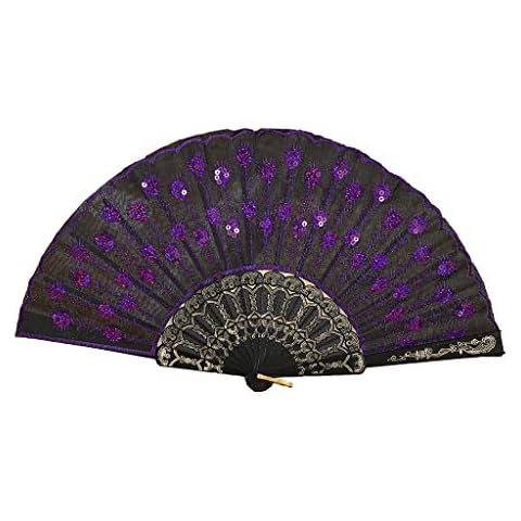 Lazzboy Hand Folding Fans Sequin Peacock Plastic Flower Floral Costume Party Wedding Chinese/Japanese Decorations(Purple,23cm) Cover