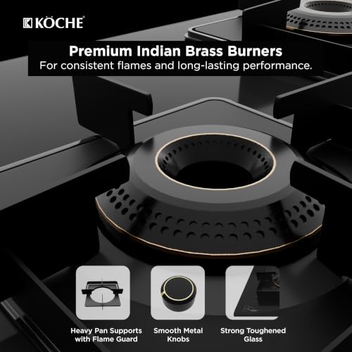 Image of KOCHE BETTY 3 Burner Built-In Gas Hob 77cm Auto Ignition | Hob /Cooktop Hybrid | High Power Brass Burners Gas Stove | Cast Iron Pan Support | Metal Knobs | Black Toughened Glass | 5 Years Warranty