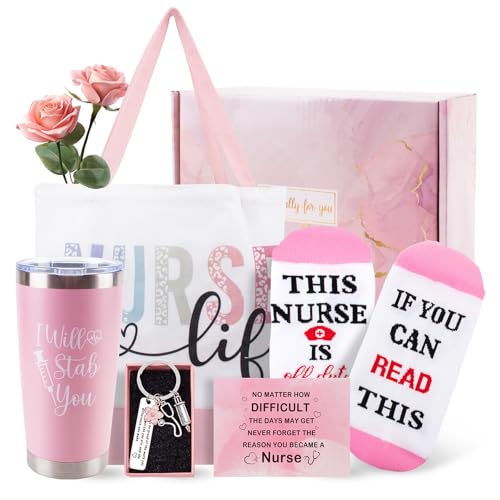 Kimoli Pink Nurse Gifts for Women: Pink Socks, Thermos, Canvas Bag, Keychain, Greeting Card -...