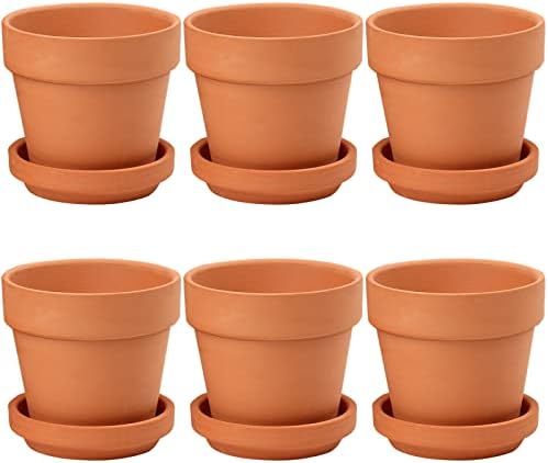 Oairse 6 sztuk mini doniczek z terakoty, 8 x 7,5 cm, z podstawką i otworem odpływowym, doniczka z tacą, doniczka z terakoty do roślin pokojowych na zewnątrz, prezent ślubny