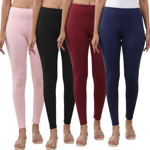 Image of Volex Women and Girls Full Length Leggings | Cotton Spandex /Elastane 4 Way Stretchable | Casual Slim fit Ultra Soft Leggings-Pack of 4