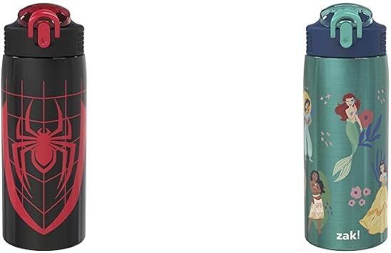Zak Designs Marvel Spider-Man and Disney Princess 19 oz Vacuum Insulated Stainless Steel Water Bottles Bundle