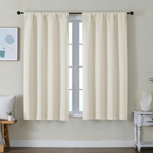Image of Simplebrand Ava Light Beige Short Light Filtering Curtains for Bedroom 54 Inches Long 2 Panels Set, Solid Thermal Insulated, Energy Saving Window Treatment Curtains Light Filtering, W40 x L54 Inch