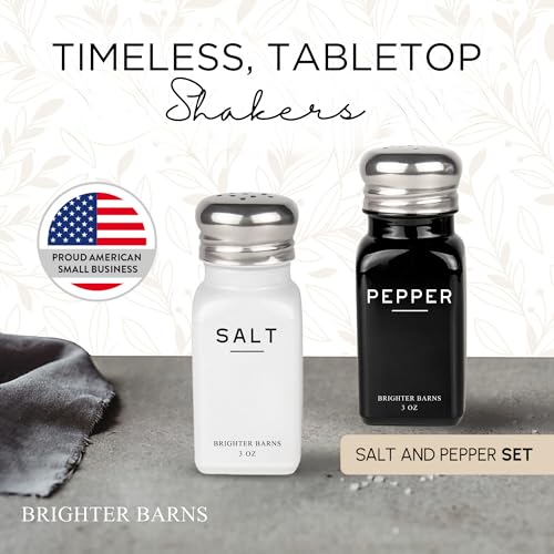 Image of Farmhouse Salt and Pepper Shakers Set by Brighter Barns - Modern Kitchen Decor, Dining Table Countertop Accessory - Rustic, Vintage Glass Shakers with Stainless Steel Lids for Home, Restaurant