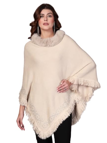 mafadeny Stylish Poncho with Fur Collar and Embellished Border-picture-11