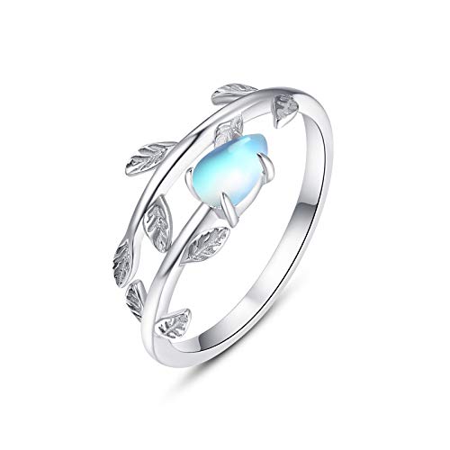 PRAYMOS Moonstone Rings for Women 925 Sterling Silver Leaf Rings, Adjustable Ring for Women Silver...