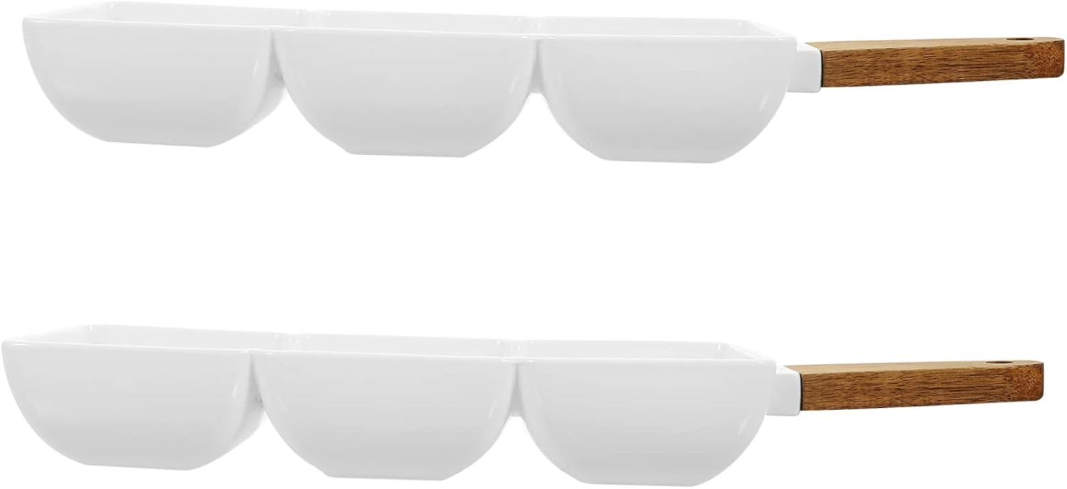 PRETYZOOM 2pcs Three-compartment Ceramic Snack Bowl with Wooden Handle Multi-purpose Appetizer Serving Dish for Fruits Dips Sauces Nordic Style Food Container