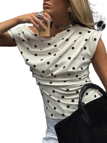 Yoisdtxc Women Off Shoulder Polka Dot Top Sleeveless Asymmetrical Ruched Tank Top (A-White S)