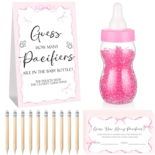 Image of Roowest 512 Pcs Baby Shower Games Guess How Many Pacifiers Sign 100 Small Guessing Games 10 HB Pencils 750ml Milk Bottle 400 Acrylic Pacifiers Decoration for Guest Gender Reveal(Pink,Bow)
