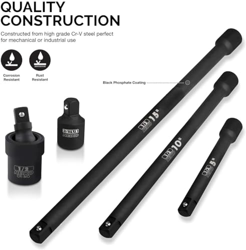 Image of Neiko 00256A 1 /2-Inch Drive Impact Extension Bar and Adapter Set, 5-Piece | Includes 5, 10, 15-Inch Extension Bars, Universal Joint, and Reducer