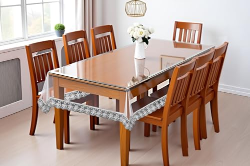 Image of The Furnishing Tree Rectangle Shaped 12 Seater Transparent Table Cover WxL 60x140 inches 0.25 mm Thickness with Silver Lace