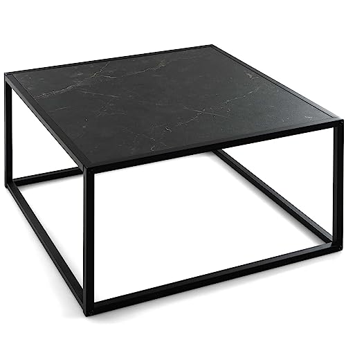 LIFEZEAL Tavolino da Salotto, Tavolino Basso Quadrato, Tavolino da Caffè, Gambe in Acciaio, con Effetto di Marmo, Max 45kg, per Soggiorno, Montaggio Semplice, Stabile, Robusto, 70x70x40 cm, Nero