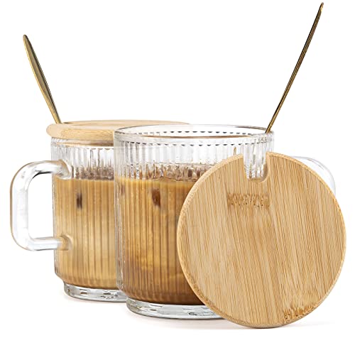 12 Oz Glass Coffee Mugs 2 Pcs Clear Coffee Mug With Handle Stereoscopic Stripes Coffee Mug Set With Spoons And Lid Coffee Mug For Latte, Cappuccino, Hot Chocolate, Tea And Juice (12 Oz, Transparent) #TOP9